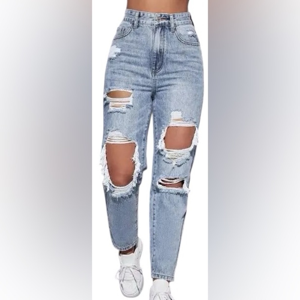 SHEIN Y2K Distressed Mom Jeans Light Wash High Rise Raw Hem Streetwear 27
